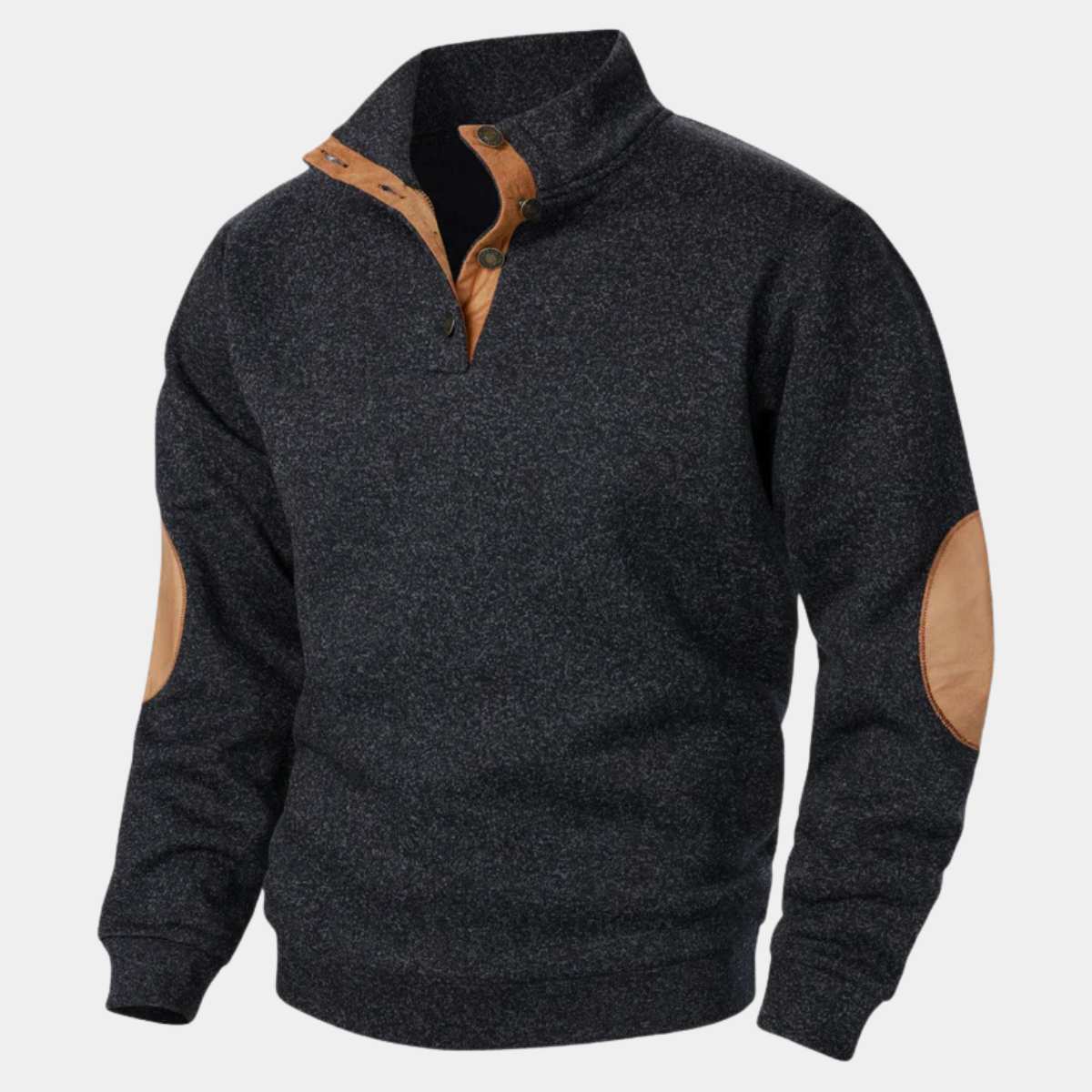 Men's textured knitted sweater with stand collar and contrasting elbow patches