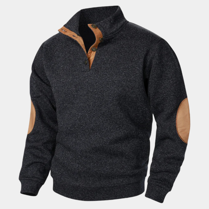 Men's textured knitted sweater with stand collar and contrasting elbow patches