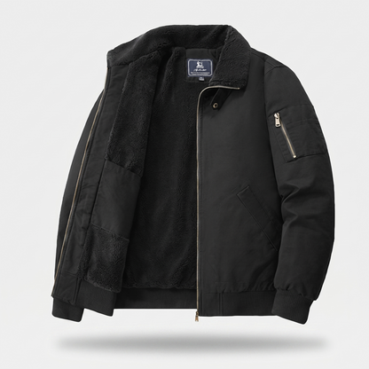 Men's plain fleece-lined bomber jacket with mock collar, zip front and utility pockets