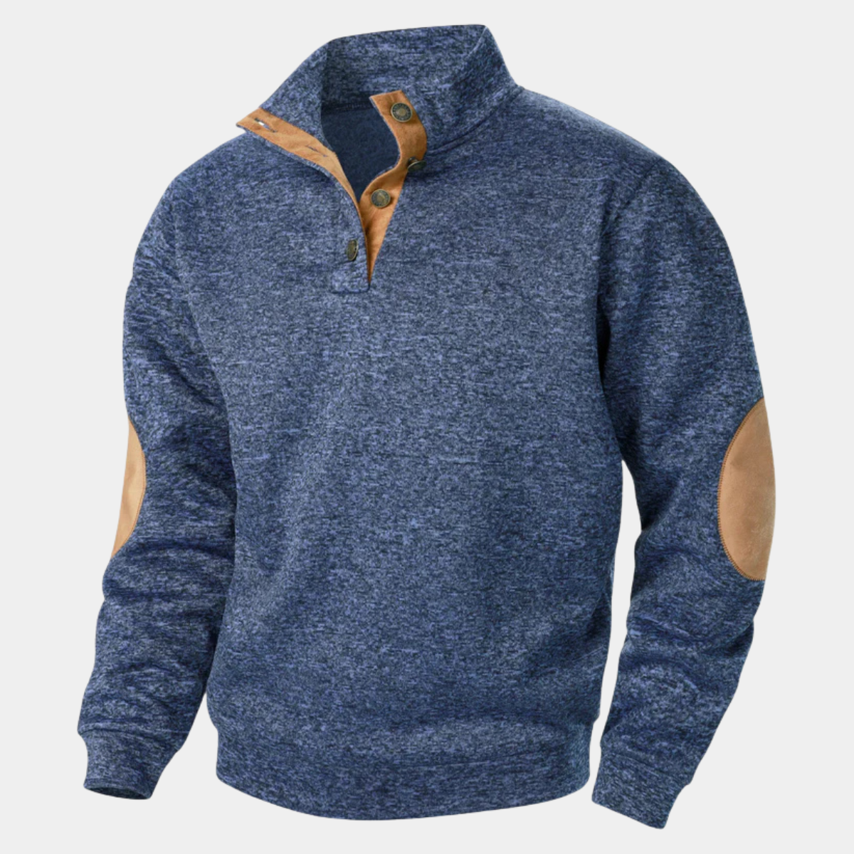 Men's textured knitted sweater with stand collar and contrasting elbow patches