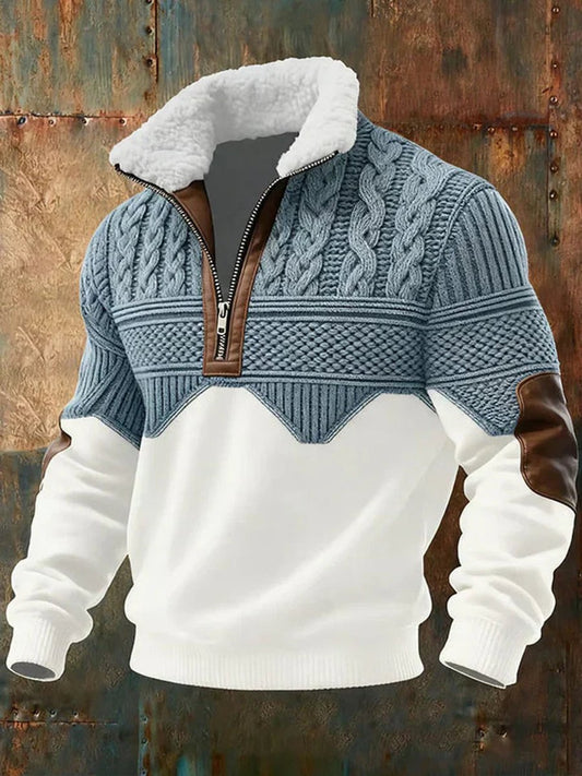 Men's colourblock cable knit jumper with half-zip mock neck and long sleeves