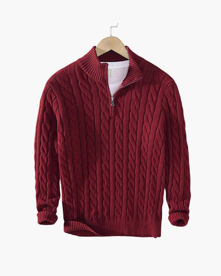 Men's cable knit quarter-zip sweaters in navy and gray