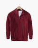 Men's cable knit quarter-zip sweaters in navy and gray