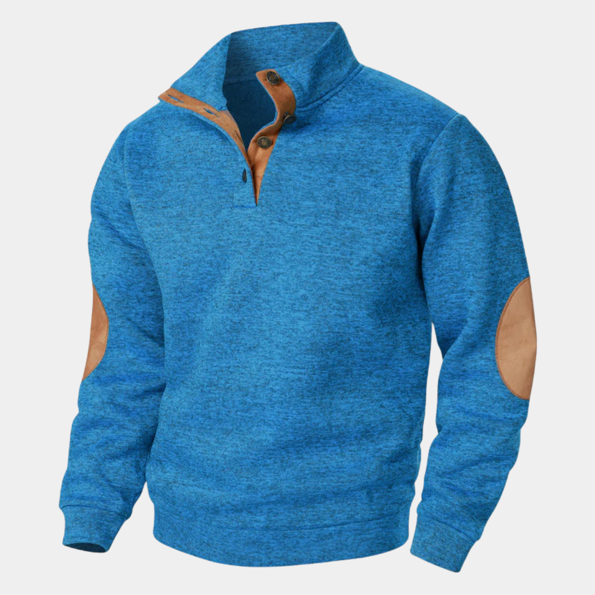 Men's textured knitted sweater with stand collar and contrasting elbow patches