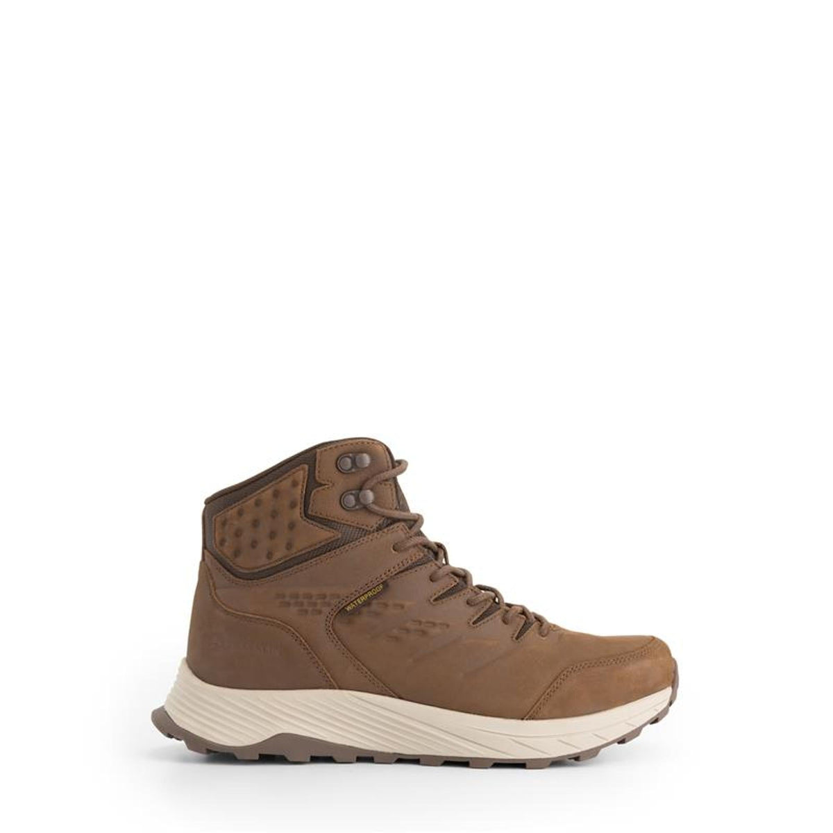 Brown high-top hiking boots with lace-up fastening and lugged soles