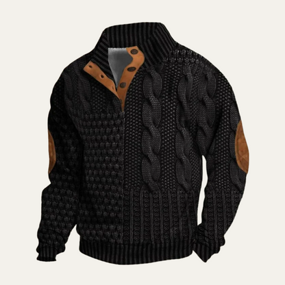 Men's textured knit jumper with high collar, button placket and contrast elbow patches