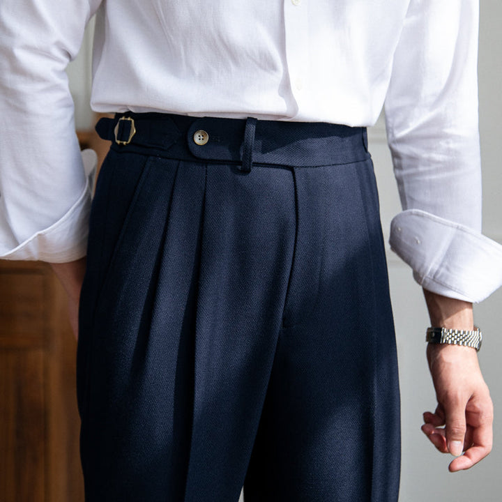 Men's double pleat trousers with side tabs and cuffed hems