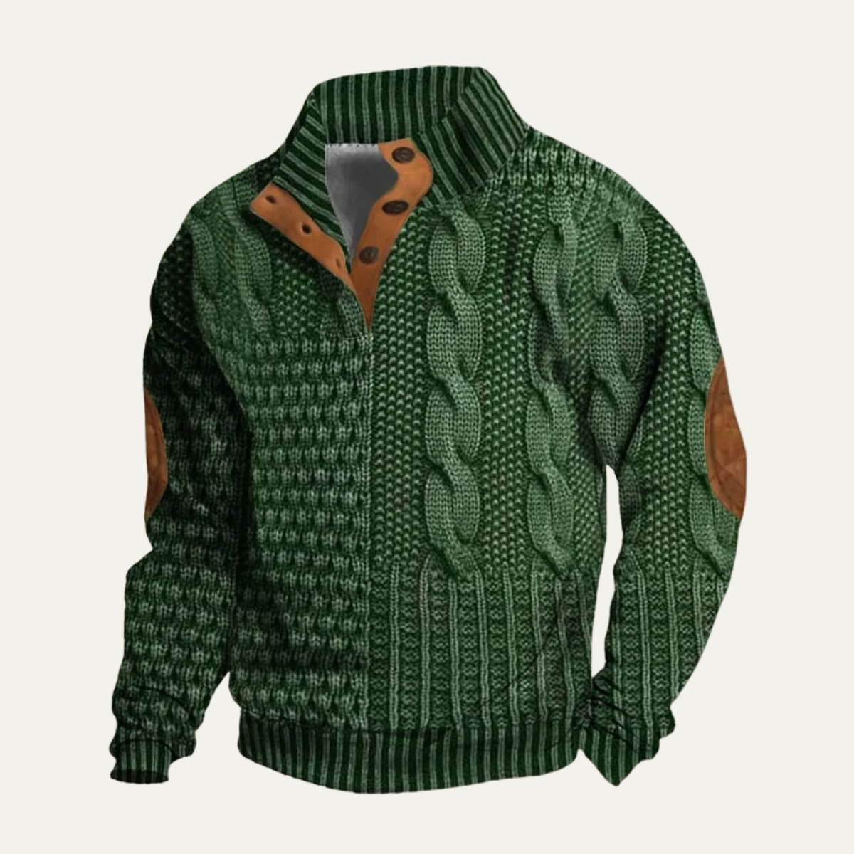 Men's textured knit jumper with high collar, button placket and contrast elbow patches