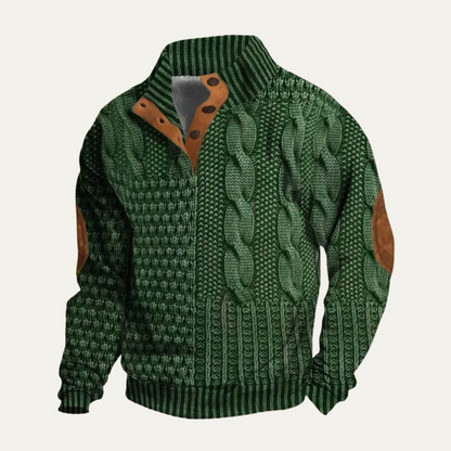 Men's textured knit jumper with high collar, button placket and contrast elbow patches