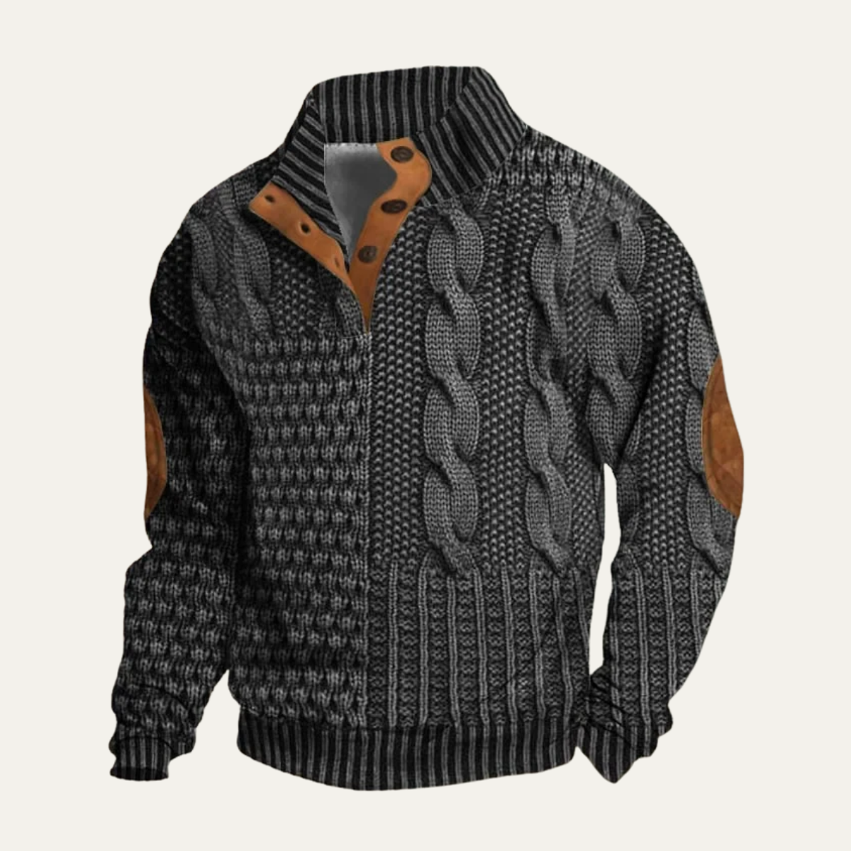 Men's textured knit jumper with high collar, button placket and contrast elbow patches