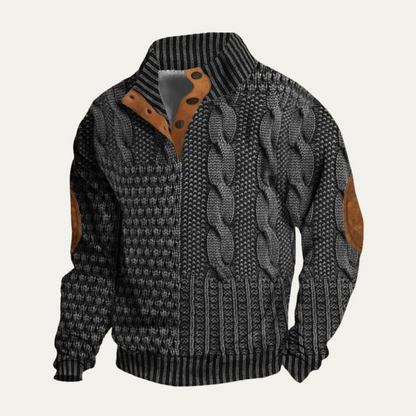 Men's textured knit jumper with high collar, button placket and contrast elbow patches