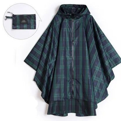 Patterned hooded rain poncho with zip front and matching pouch