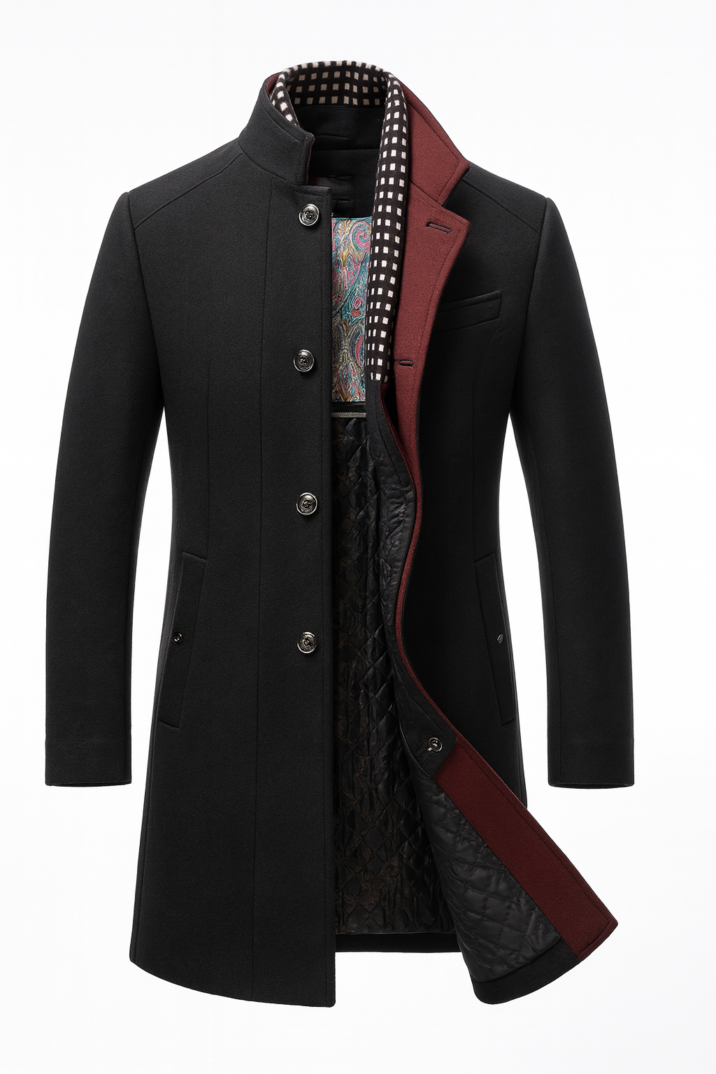 Men's structured overcoat with stand collar, button front, contrast trim and quilted lining