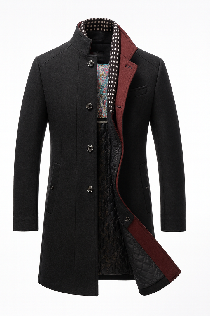 Men's structured overcoat with stand collar, button front, contrast trim and quilted lining