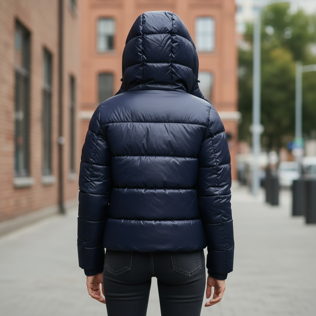 Hooded quilted puffer jacket with glossy finish and long sleeves