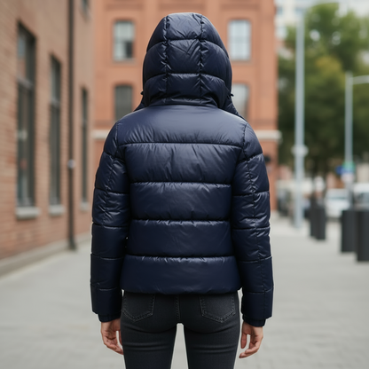 Hooded quilted puffer jacket with glossy finish and long sleeves