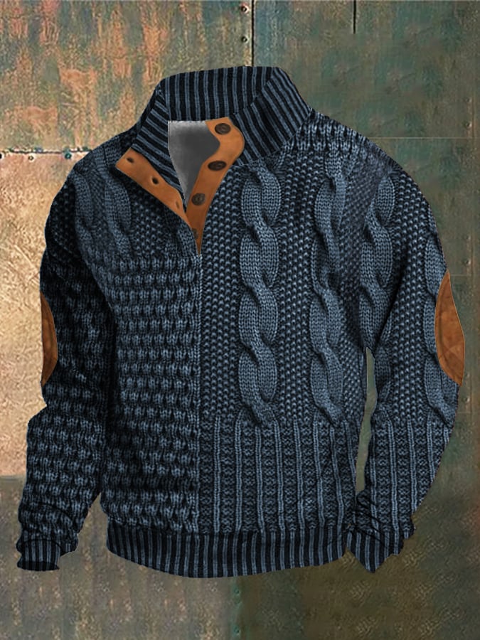Men's textured knit sweater with raised collar, button fastening and sleeve elbow patches