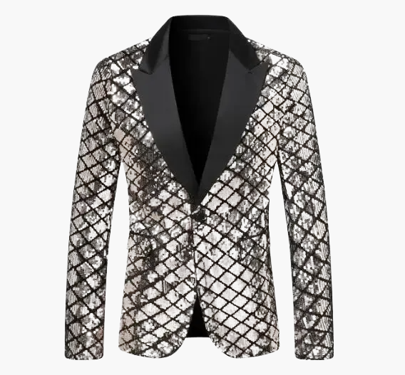 Men's geometric diamond sequin blazer with peaked lapels and long sleeves