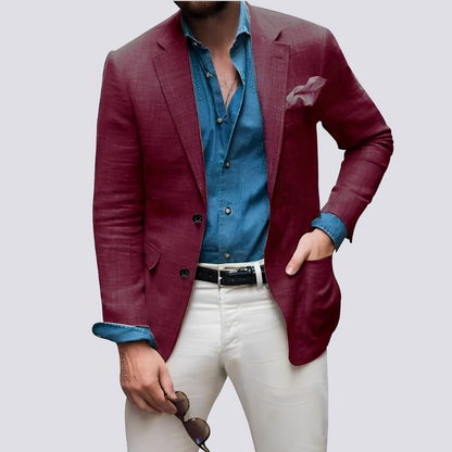 Men's button front blazer with notched lapels, long sleeves and flap pockets
