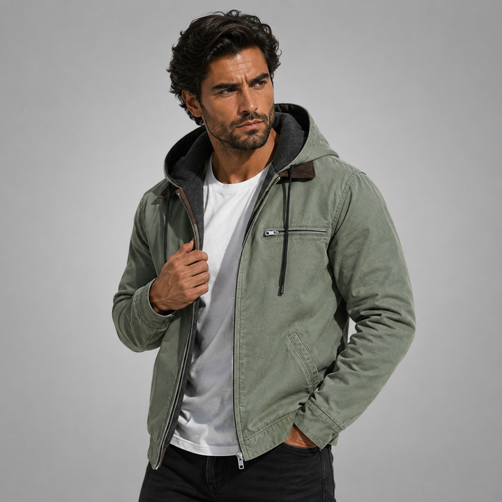 Men's hooded fleece-lined winter jacket with zip pockets