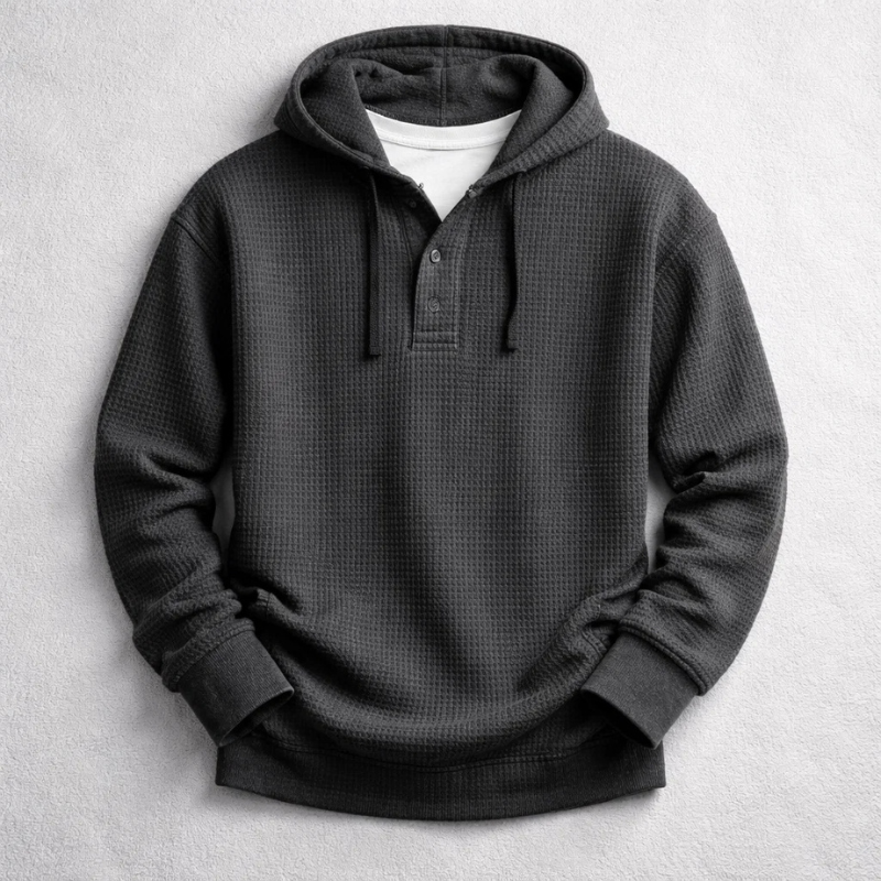 Waffle-knit henley hoodie with drawstring hood, button placket and long sleeves