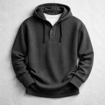 Waffle-knit henley hoodie with drawstring hood, button placket and long sleeves
