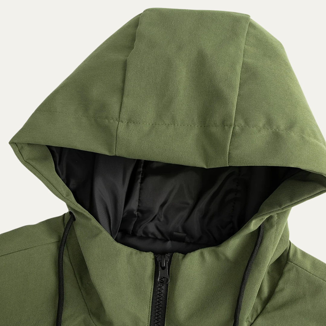 Men's long hooded rain jacket with zip front and covered pockets
