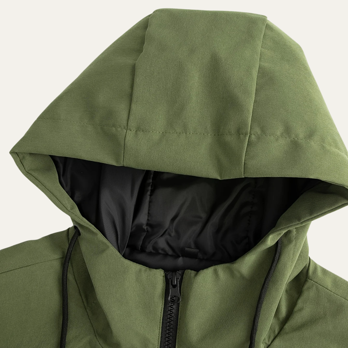 Men's long hooded rain jacket with zip front and covered pockets