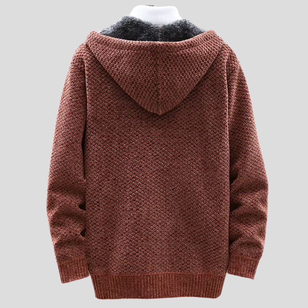 Textured knitted hooded jumper with zip front, drawstrings, long sleeves and front pockets