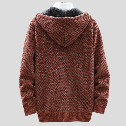 Textured knitted hooded jumper with zip front, drawstrings, long sleeves and front pockets