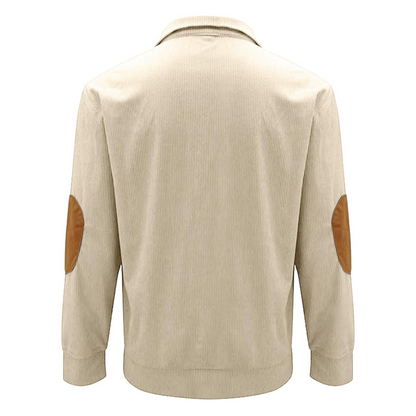 Men's ribbed quarter-button sweatshirt with mock neckline and elbow patches