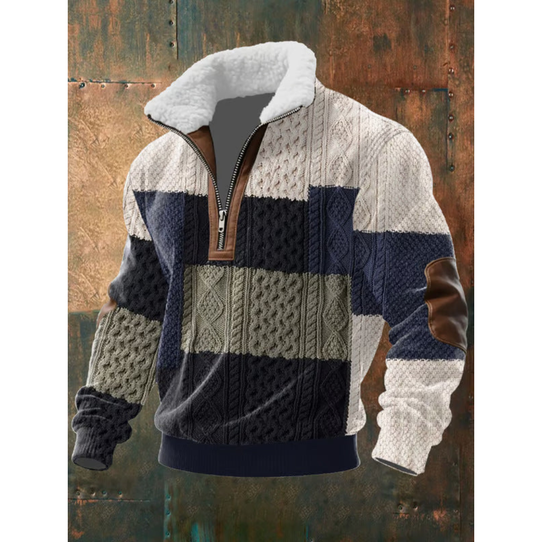 Men's textured half-zip sweater with mock neck, long sleeves and ribbed trims
