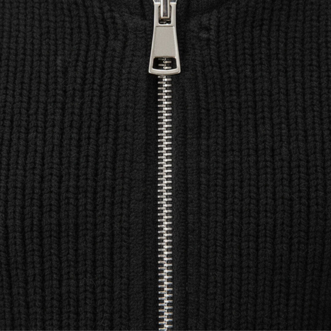 Men's ribbed knit cardigan with stand collar and full zip