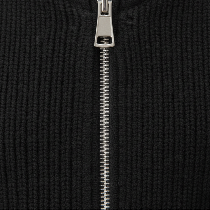 Men's ribbed knit cardigan with stand collar and full zip