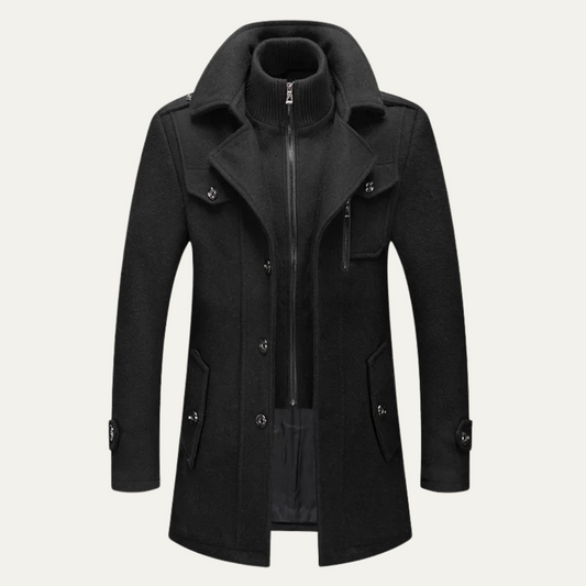 Men's long structured coat with stand collar, zip front, buttons and flap pockets