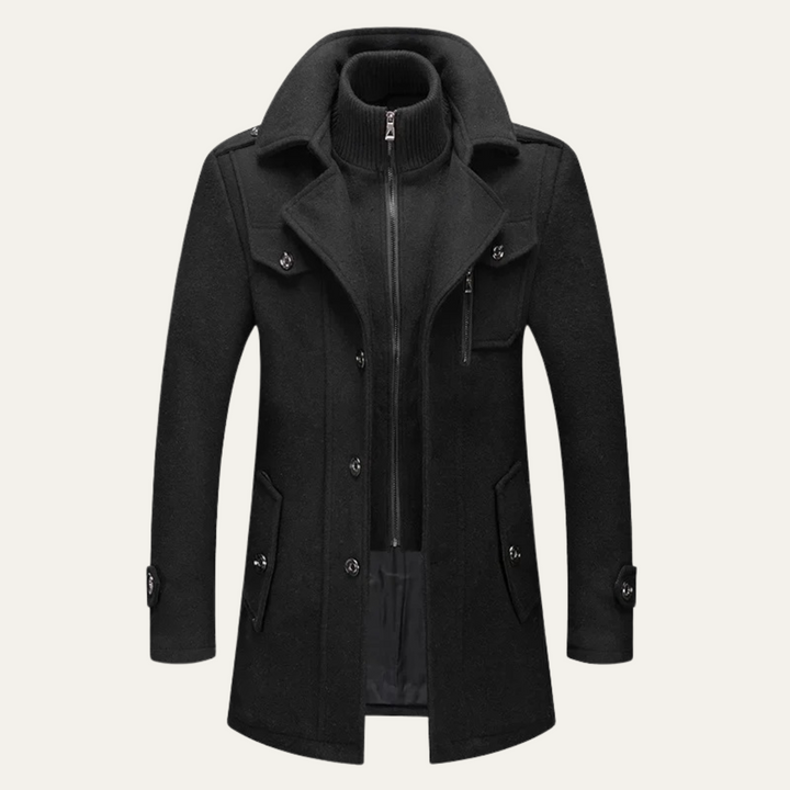Men's long structured coat with stand collar, zip front, buttons and flap pockets