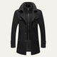Men's long structured coat with stand collar, zip front, buttons and flap pockets