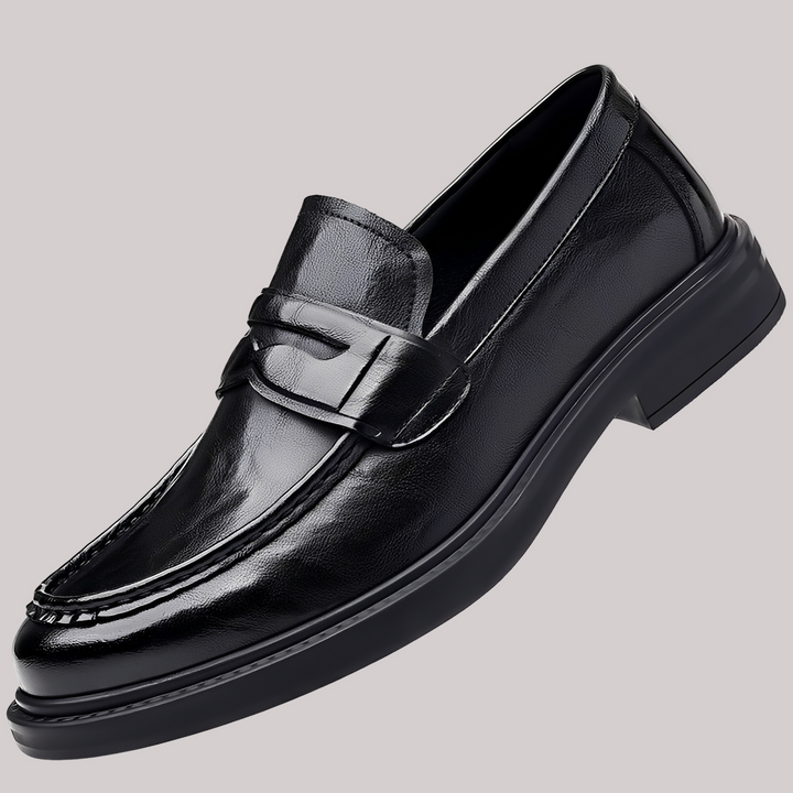 Men's formal loafers with moc toe stitching, penny strap and low heel