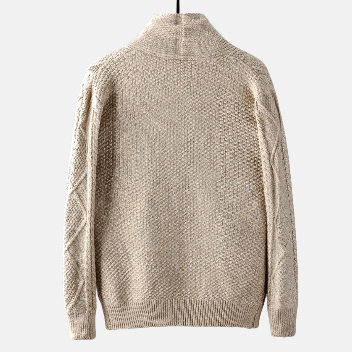Cable knit cardigan with shawl collar, button front and patch pockets