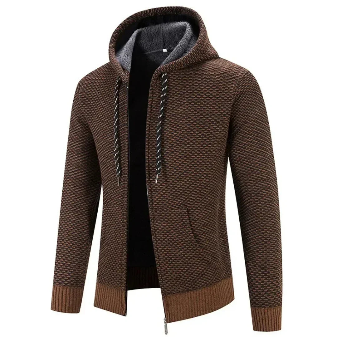 Men's textured knit hooded cardigan with full-zip front and front pockets