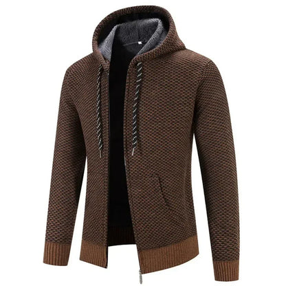 Men's textured knit hooded cardigan with full-zip front and front pockets