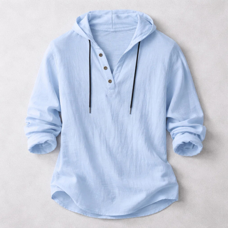 Long-sleeve hooded shirt with button placket and curved hem