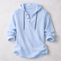 Long-sleeve hooded shirt with button placket and curved hem