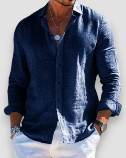 Men's long-sleeve button shirt with open collar and rolled cuffs