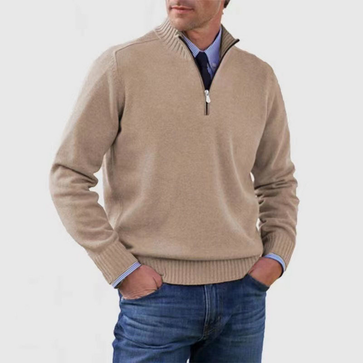Men's plain half-zip sweater with ribbed mock neck