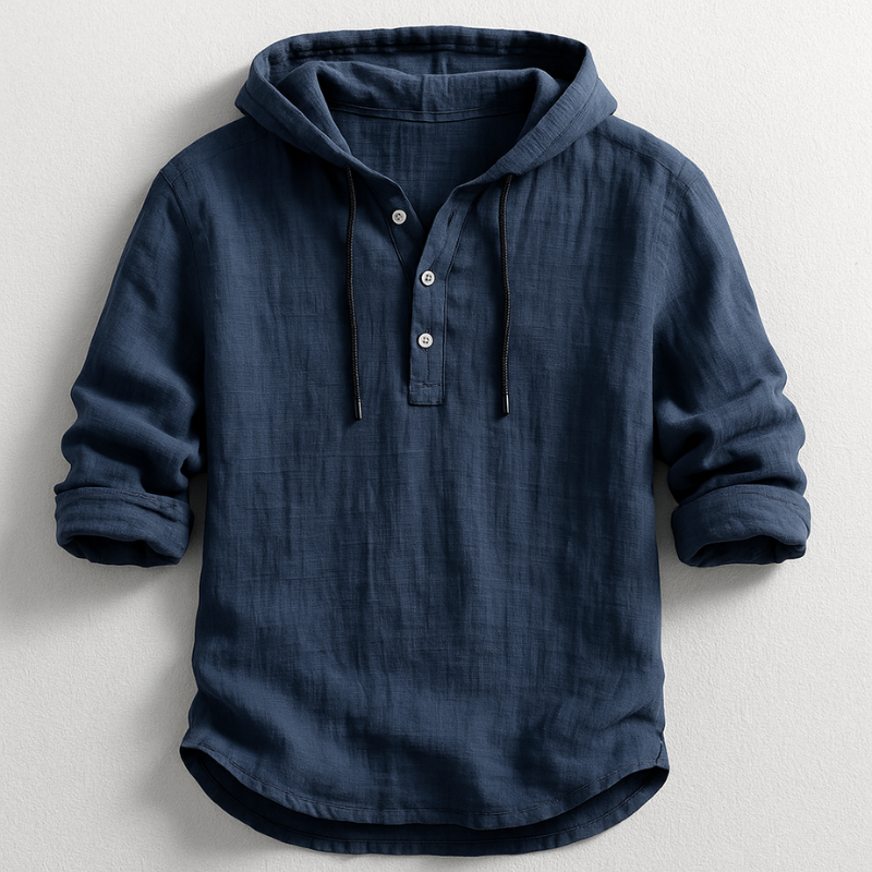Unisex hooded pullover shirt with button placket