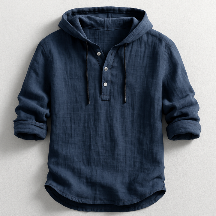Unisex hooded pullover shirt with button placket