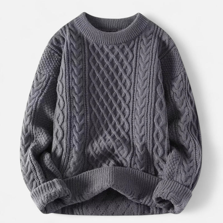 Men's cable knit crew neck jumper with long sleeves and ribbed trims