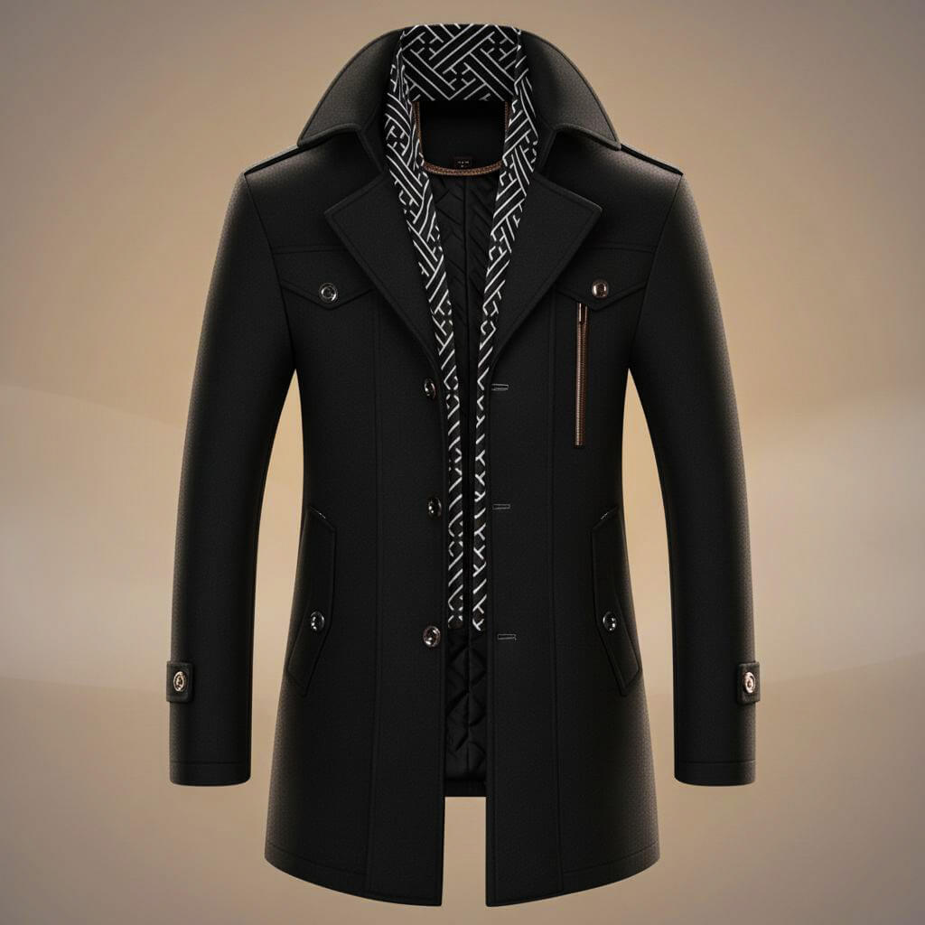 Men's long structured coat with notched lapels, patterned trim, buttons and multiple pockets