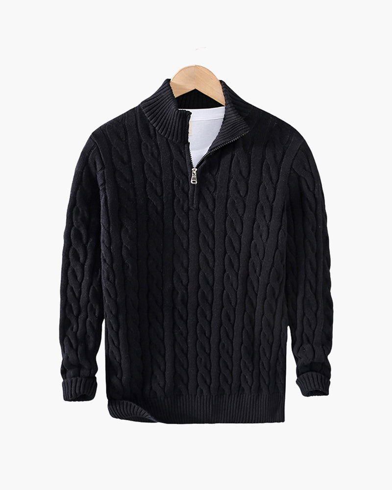 Cable-knit half-zip sweater with ribbed mock neck, cuffs and hem